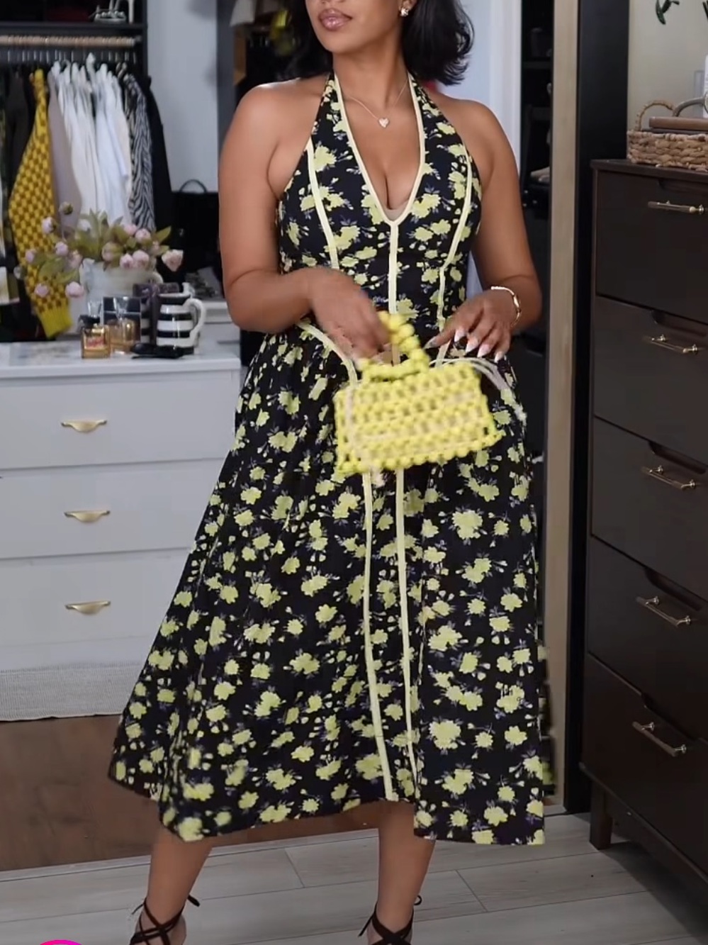 By Anthropologie Halter V-Neck Fit & Flare Midi Dress Yellow Floral NWT